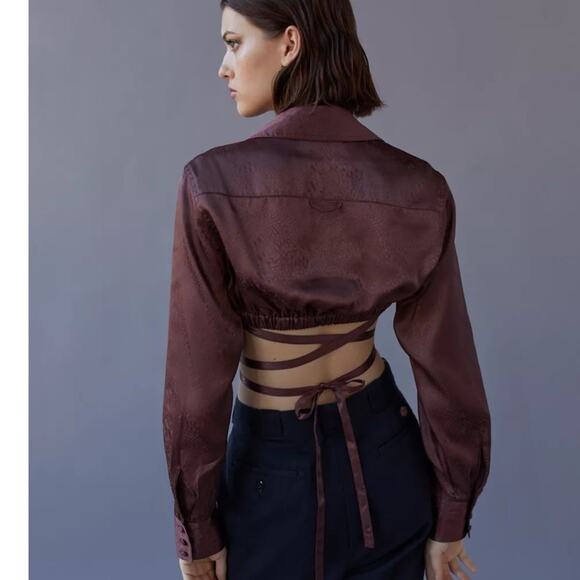 Urban Outfitters Hooked-Up Satin Cropped Top Adjustable Tie Waist Brown Size M - Picture 5 of 12